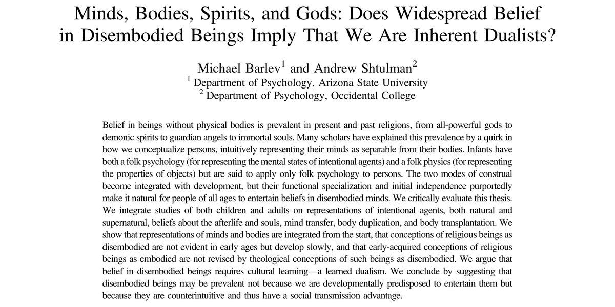 Andrew Shtulman (@andrewshtulman) on Twitter photo Do we intuitively view minds as separable from bodies? In a new Psych Review paper, <a href="/michael_barlev/">Michael Barlev</a> and I review evidence from infant cognition and religious cognition and argue no; dualism is a counterintuitive idea that must be learned.
psycnet.apa.org/record/2021-82… Do we intuitively view minds as separable from bodies? In a new Psych Review paper, <a href="/michael_barlev/">Michael Barlev</a> and I review evidence from infant cognition and religious cognition and argue no; dualism is a counterintuitive idea that must be learned.
psycnet.apa.org/record/2021-82…