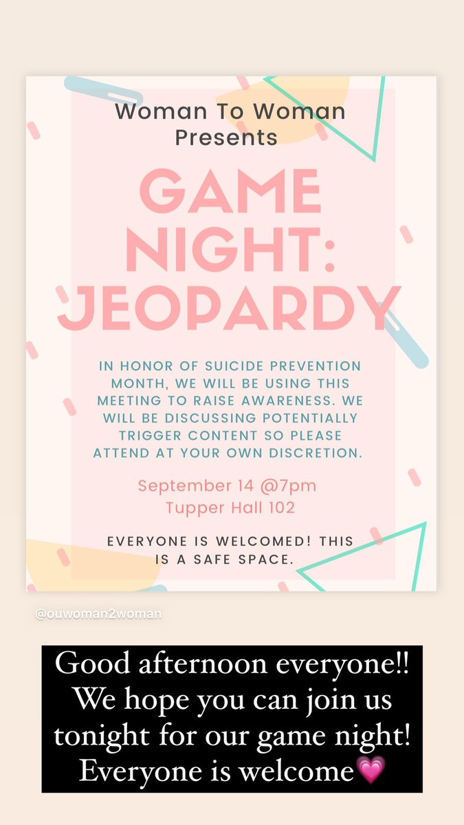 Good afternoon everyone! Please join us tonight for a game of jeopardy. We will be raising awareness for Suicide Prevention Month. The content may be potentially triggering so please attend at your own discretion. This is a safe space and everyone is welcome💗