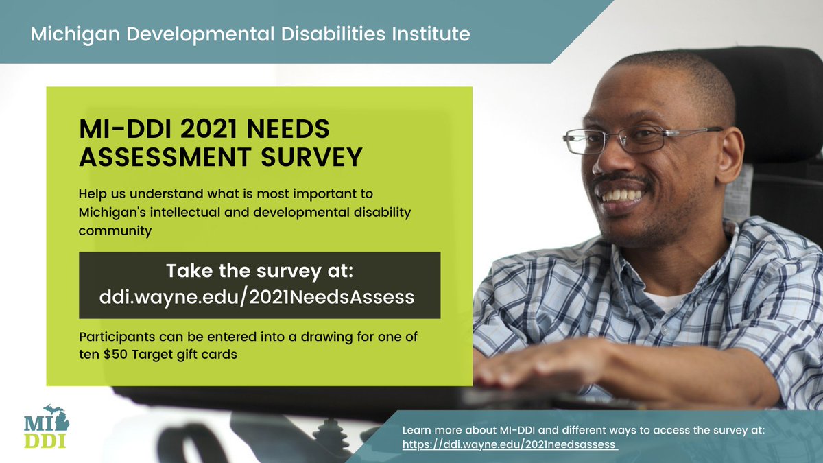 DDIatWSU's tweet image. We want to know what is most important for you and the State of Michigan so we can meet the needs of our I/DD community. ✏️ You can help by taking our 2021 Needs Assessment! 

Learn more: bit.ly/3ny9PI4
Take the survey online: bit.ly/3lFhkdJ