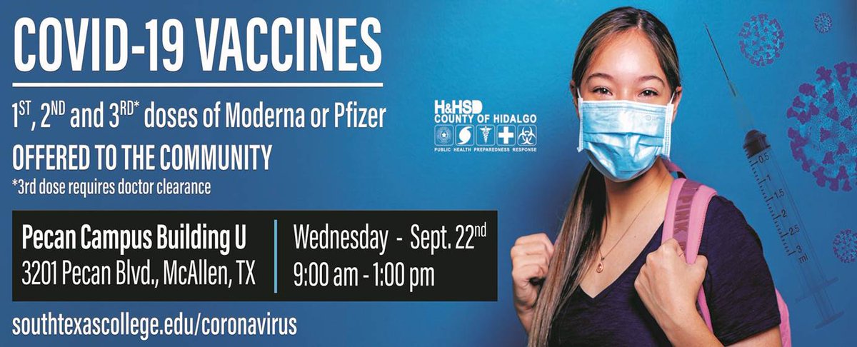 Free #COVID vaccines offered to community at #STC Pecan Campus, September 22! SouthTexasCollege.edu/coronavirus
