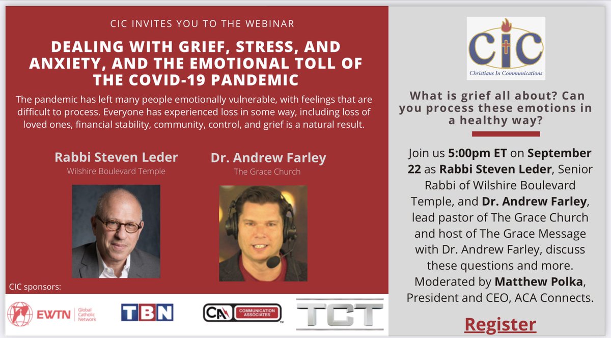 Please join us @ChristiansInCom on Sept. 22, 2021, at 5 pm ET for a timely FREE webinar on the pandemic and its emotional toll with two excellent speakers who will help us as we cope with God’s help! christiansincommunications.com/events.html @Steve_Leder @DrAndrewFarley All are welcome!