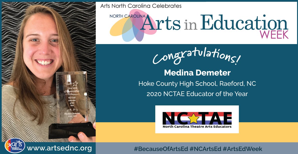 artsnc's tweet photo. Congratulations Medina Demeter of Hoke County High School in Raeford, NC for being awarded 2020 @NCTAEducators Educator of the Year! https://t.co/99m6kchADn #NCTAE @ncpublicschools @NCArtsCouncil #ArtsNC #Arts4AllNC #artsednc #BecauseofArtsEd #ncartsed #ArtsEdWeek https://t.co/NqpbiCHdde