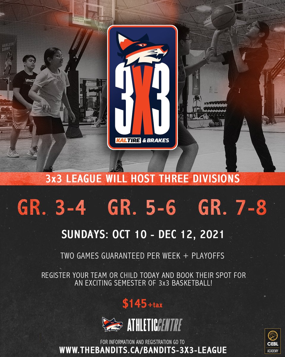 Introducing the Bandits 3x3 League presented by <a href="/kaltire/">Kal Tire 🇨🇦</a>!

Register your team/child today and get ready for an exciting fall semester of 3x3 action! Open to Grades 3-8 and starts Sunday, October 11.

🔗 thebandits.ca/bandits-3x3-le…

#IAmValley x #OurGame