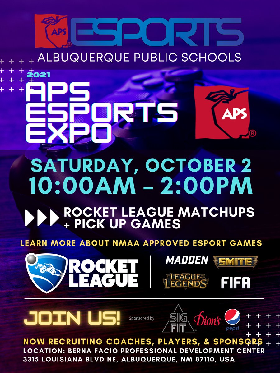 C Lucas Gutierrez (@apsitguy) on Twitter photo Looking for student shoutcasters for our Esports Expo on Saturday, October 2, frm 10am-2 pm @ Berna Facio. Students - would like to be on stage and shoutcast for any of our awesome games? <a href="/ABQschools/">Albuquerque Public Schools</a> #esports
La Cueva vs Early College Academy
James Monroe MS vs. Eisenhower MS Looking for student shoutcasters for our Esports Expo on Saturday, October 2, frm 10am-2 pm @ Berna Facio. Students - would like to be on stage and shoutcast for any of our awesome games? <a href="/ABQschools/">Albuquerque Public Schools</a> #esports
La Cueva vs Early College Academy
James Monroe MS vs. Eisenhower MS