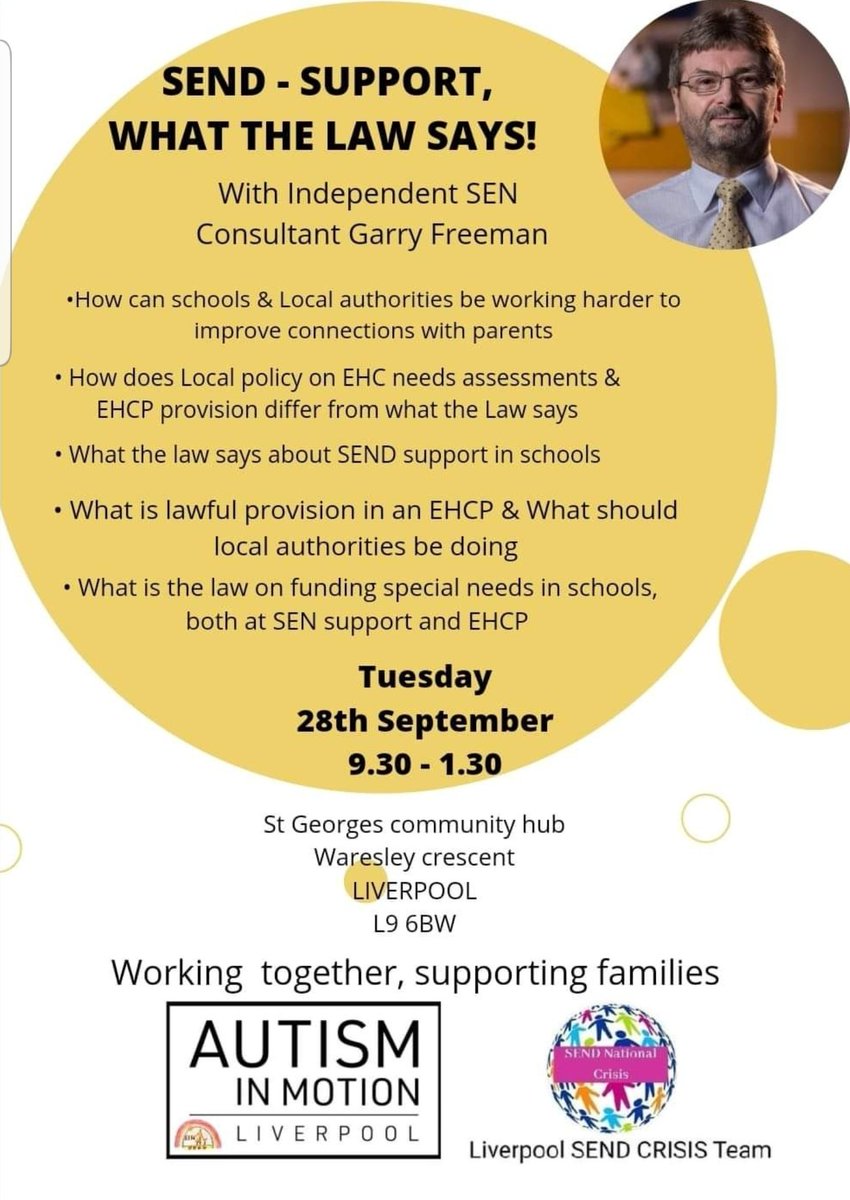 FREE Training Event for Parents, Carers and/Families in Liverpool 
Tues 28th Sept at 09.30
SEND Support - What the Law SAYS!
Please book: 
eventbrite.co.uk/e/send-support…

<a href="/gfreeman2012/">Garry Freeman SENDco: SEND & EHCP Consultant</a> <a href="/aimliverpool/">Autism In Motion</a> <a href="/LivPaCL8/">LivPaC</a> <a href="/flagupautism/">Autism adventures training CIC</a> <a href="/SIL_SEND/">SIL SEND & Inclusive Learning</a> @ADHDFoundation <a href="/CllrBMurray/">Barbara Murray 🌹</a> @NotreDameSENCo