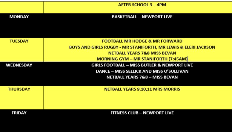 Here is the extracurricular timetable for this term! Thanks to all the staff offering sessions! <a href="/NewportH/">Newport High School</a> 

We’d love to see pupils getting involved! #EnjoymentEngagementExcellence
