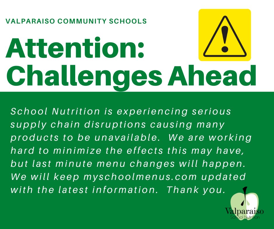 Thank you in advance for your patience.  All menu changes and product substitutes will be updated in myschoolmenus.com