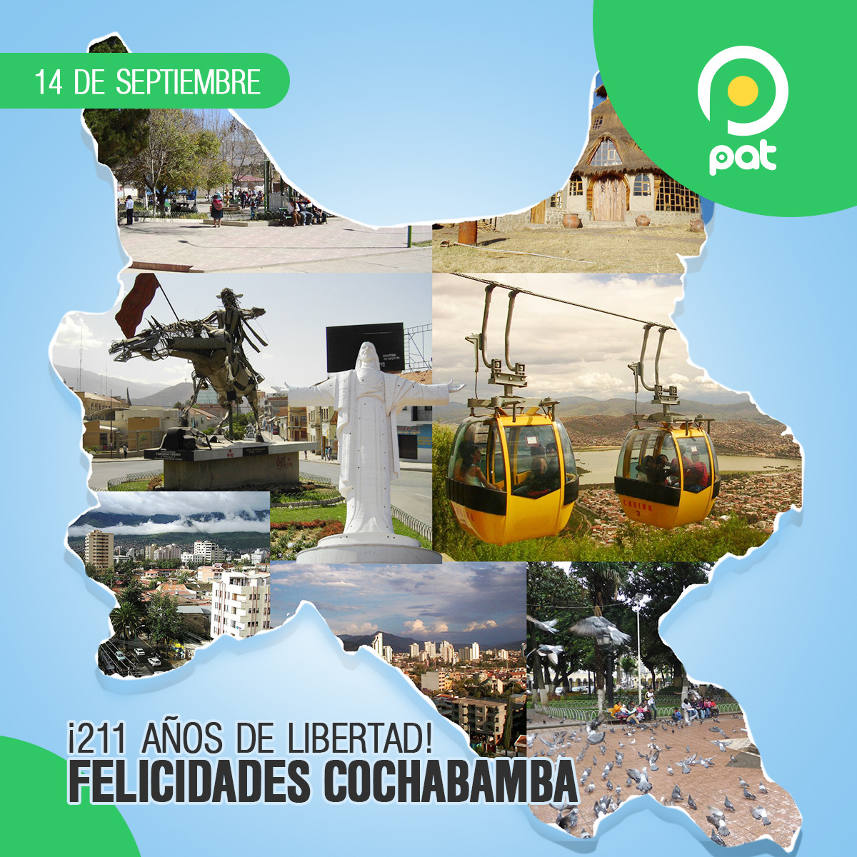 patboliviatv's tweet photo. Brille el sol de Septiembre radiante en el corazón de cada Cochabambino.
✨🎉¡Felicidades Llajta Querida!🎉✨

#PatBolivia #PatDigital #Bolivia #RedPat https://t.co/uN4kzvCgNW