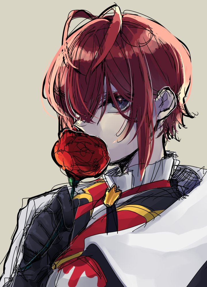 flower rose 1boy male focus solo red hair holding flower  illustration images