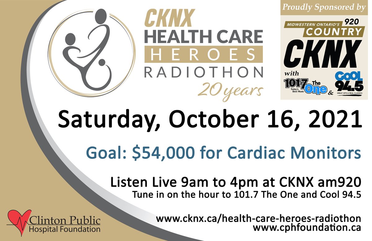 Clinton Public Hospital Foundation has set a goal to raise $54,000 at this year's CKNX, AM920 Health Care Heroes Radiothon for the purchase of two cardiac monitors for Clinton Public Hospital. We hope you will tune in on October 16th to CKNX AM920 in support of local healthcare.