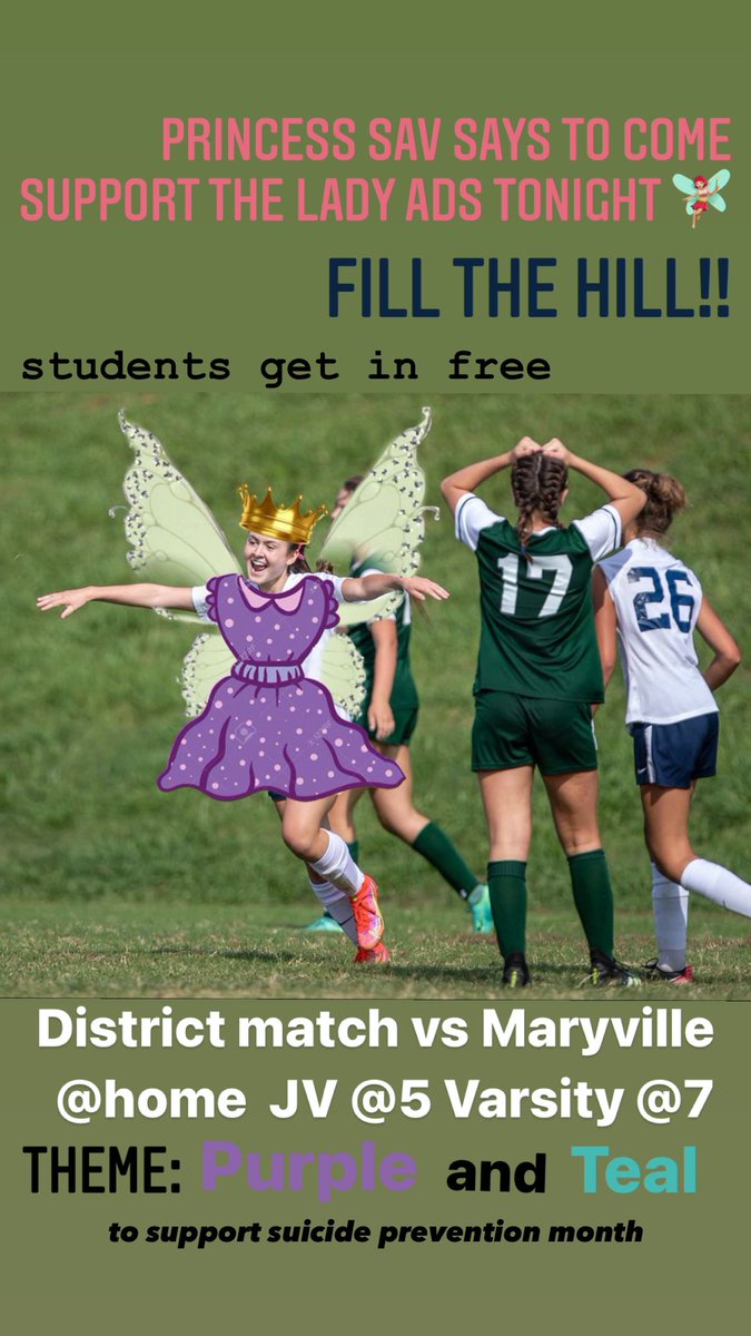GAME DAY POST!! Tonight is a District Match!! We play Maryville <a href="/home/">Geneia@home</a> JV <a href="/5/">Reserved</a> and Varsity @7. Theme: Purple and Teal in support of suicide prevention month. FILL THE HILL⛰COME SUPPORT YOUR LADY ADS 🧚🏼‍♀️