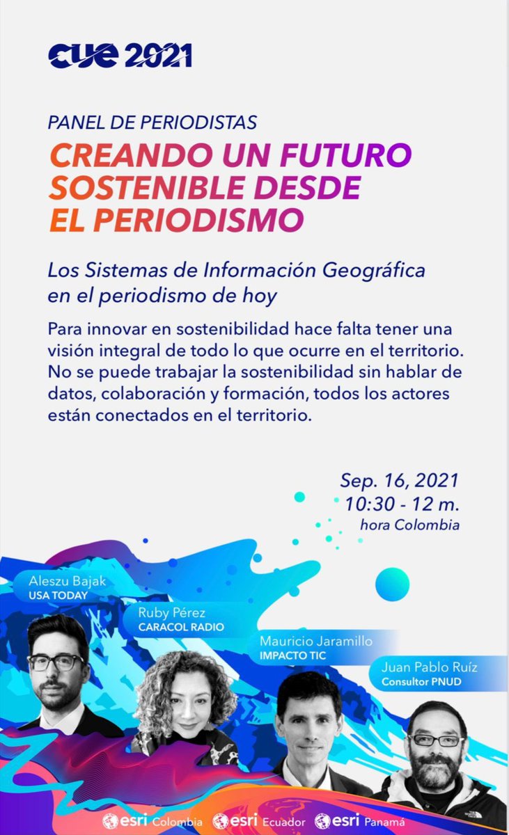Un respiro entre tantos temas virales y de indignación: ¿Cómo podemos desde el periodismo ayudar a construir un futuro más sostenible?

Los invito a este panel con <a href="/Ruperta45/">Ruby Marcela Pérez J</a>, de <a href="/CaracolRadio/">Caracol Radio</a>; <a href="/aleszubajak/">Aleszu Bajak aleszu.bsky.social</a>, de <a href="/USATODAY/">USA TODAY</a>, y <a href="/Juparus/">Juan Pablo Ruiz Soto</a>, de <a href="/PnudColombia/">PNUD Colombia</a>. #EsriCUE2021
