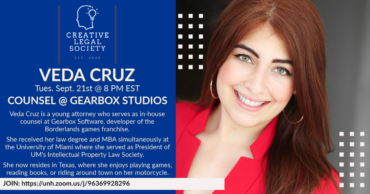 CreativeLegSoc's tweet image. We are SO EXCITED to announce @gymleaderveda will be speaking with us next Tuesday, Sept. 21st, at 8 PM EDT / 7 PM CDT / 4 PM PDT!

Veda Cruz is an attorney who serves as in-house counsel at @gearbox, developer of the @borderlands games. She received her law degree and MBA

1/3