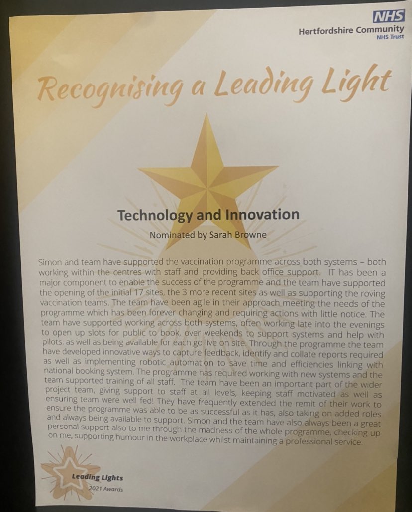 Today we are proud runners up of the ‘Exceptional contribution to the Mass Vaccination a programme’ yay! #proud <a href="/welshscarey/">Simon Carey</a> <a href="/JuMcCall/">Julie McCall</a> <a href="/HCTNHS/">Hertfordshire Community NHS Trust</a>