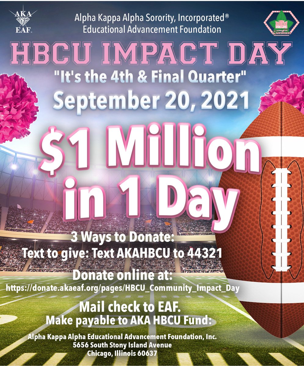 Are you ready? Next Monday, September 20, we will make history by raising $1 million in one day for a fourth, consecutive year!

There are three ways to give. Let's make HBCU Impact Day 2021 a success!