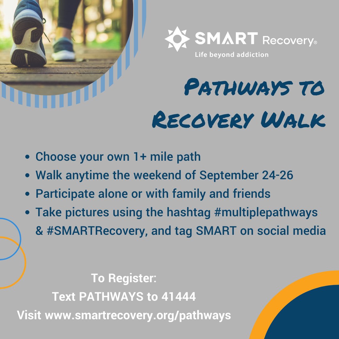 SMARTRecovery's tweet image. There is still time to register for the #PathwaysToRecovery Walk.  Registration includes a FREE #SMARTRecovery t-shirt! 

See you on the #multiplepathways! 

smartrecovery.org/pathways

#lifebeyondaddiction