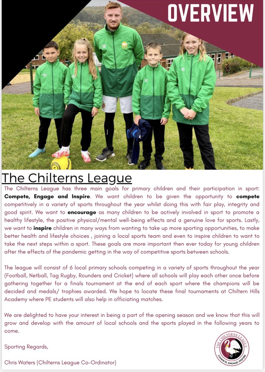 WatersidePA's tweet photo. Proud to present the @ChilternsLeague to you all which has been created by Mr Waters to enhance competitive school sport in Chesham. We are looking forward to seeing some great competitions this school year in Chesham. #ChilternsLeague #CompeteEngageInspire @CheshamCouncil https://t.co/T0ZulEhNen