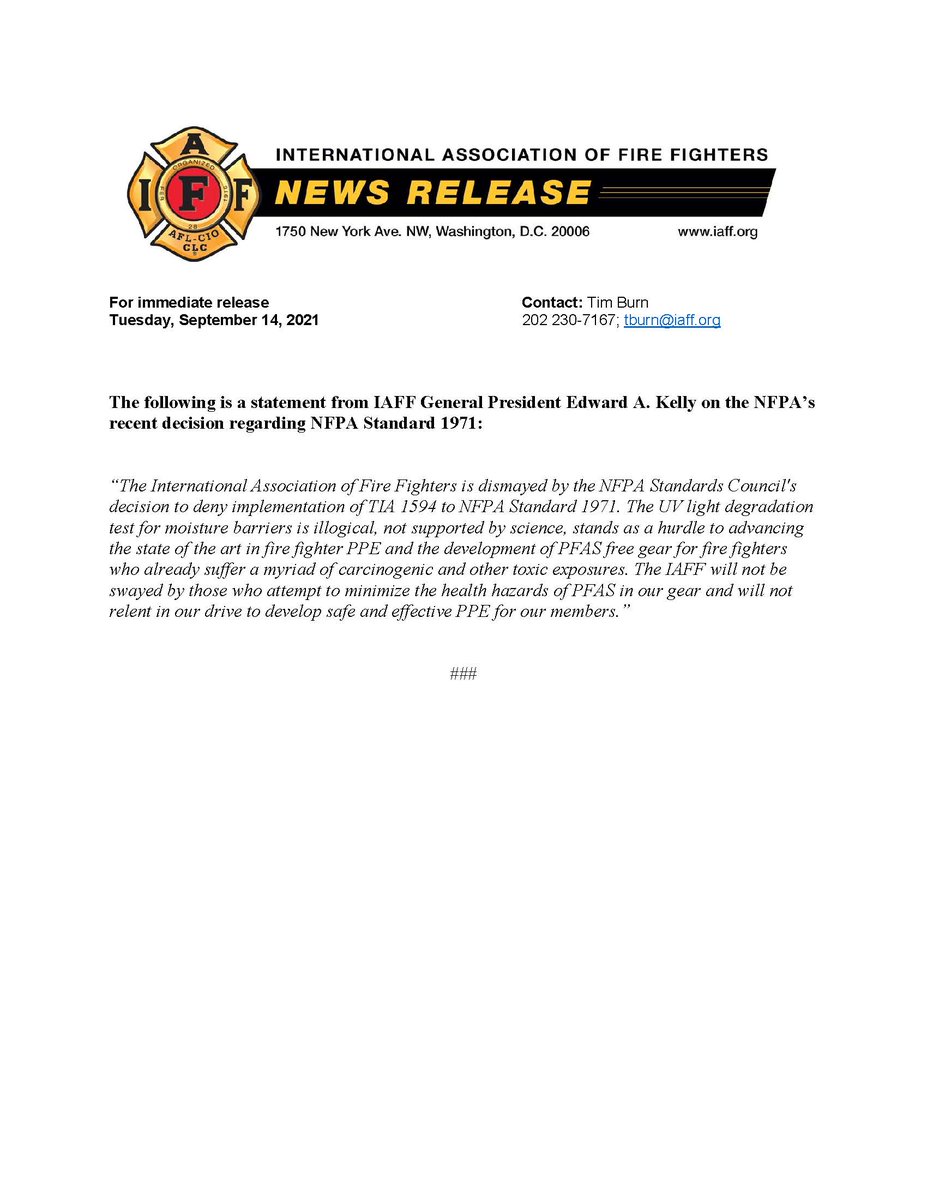 Read the following statement from <a href="/IAFFPresident/">Edward A. Kelly</a>  Edward A. Kelly on the NFPA’s recent decision regarding NFPA Standard 1971.