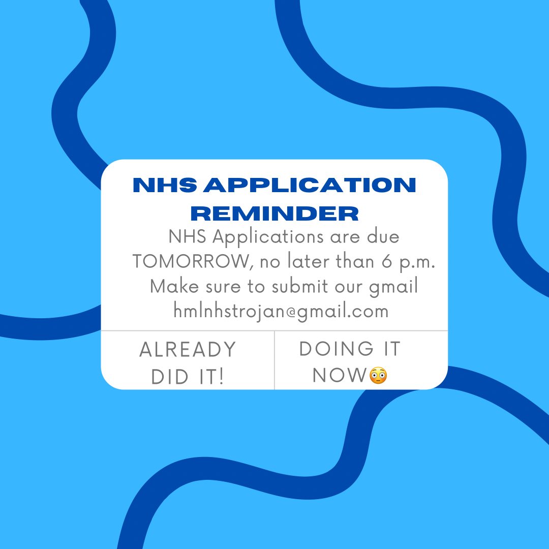 REMINDER!!
The deadline to submit your NHS applications is TOMORROW, no later than 6 p.m. Please make sure to submit your application including the app page, signature page, statement and report card. You must submit ALL parts of the application.