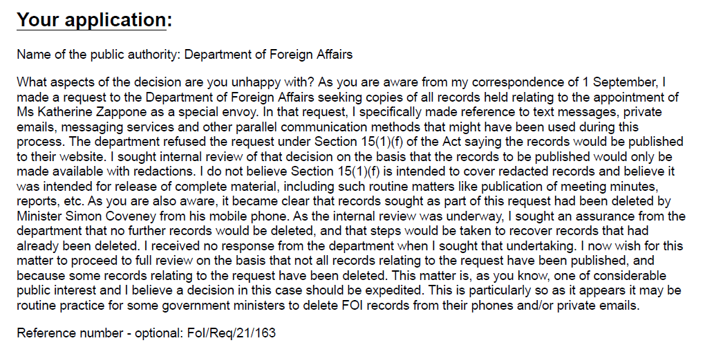 Appeal in our <a href="/RightToKnowIE/">Right To Know</a> case to access all communications between Min. Simon Coveney &amp; Katherine Zappone has gone to Information Commissioner today. We've asked for review to be expedited given significant issues it raises about apparent widespread deletion of FOI records.
