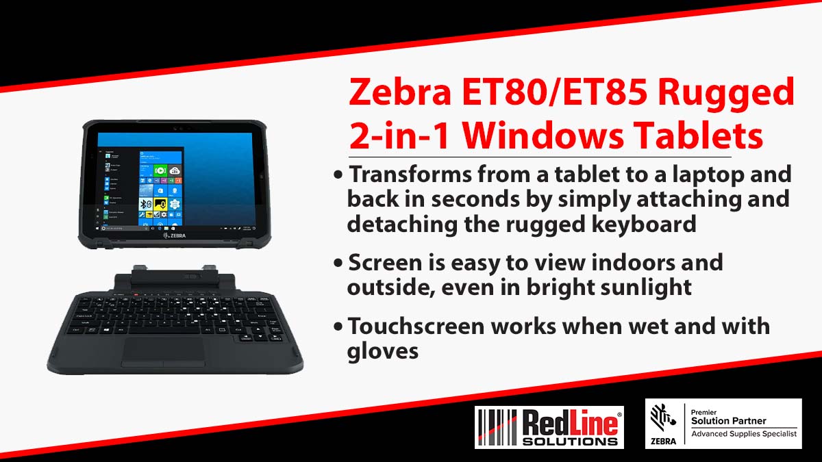 RedLineSolns's tweet image. Zebra ET80/ET85 tablets are lightweight, thin and simple to connect. Work your way, anywhere, with a keyboard, touchscreen or both – so you can deliver for those who depend on you. Learn more: redlinesolutions.com/product/zebra-… #ZebraPartner
