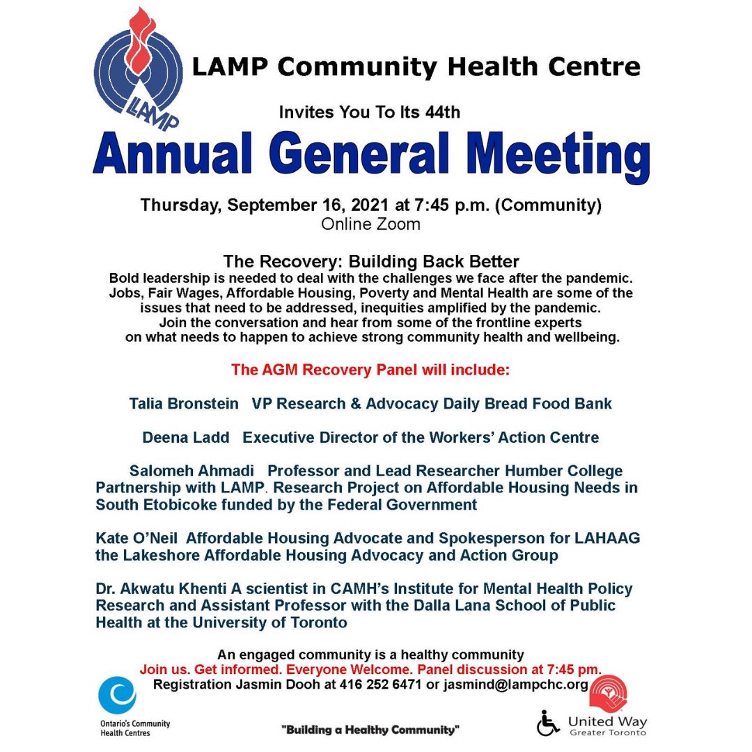 EastMissCHC's tweet photo. @LAMPCHC_info invites you to their virtual 44th Annual General Meeting this Thursday, September 16th at 7:45pm 🎉😁

To register, visit
https://t.co/5J2jhbyYhS OR connect with Jasmin Dooh at 416-252-6471 x 308 or jasmind@lampchc.org ☺️

#Toronto #TorontoCovid #Community #LAMPCHC https://t.co/p0hM8s1N9b