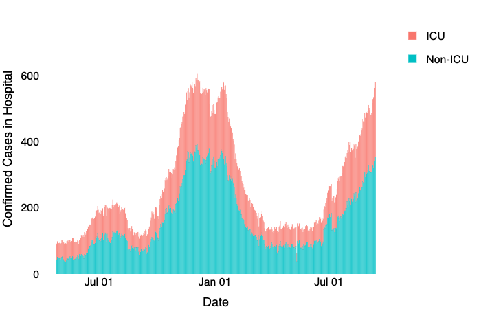 Dr_Zil_White's tweet photo. Here is a graph of hospitalizations (https://t.co/xFvBERpZfM). Our current time looks like the growth from December. If I figured it out correctly, our highest hospital number was 606 (#Oddmatch, that was my area code in KY; Clay County is 3rd highest in the nation). /2 https://t.co/rR5TuQNIgO