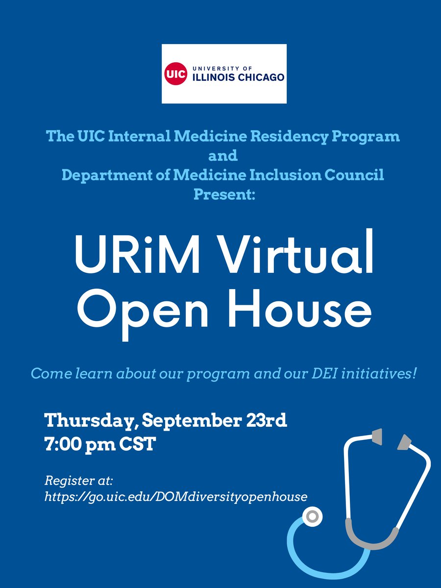 Applying to #internalmedicine in 2022?

Join us for our Under-Represented in Medicine (URiM) Virtual Open House to learn more about our DEI work!

Thursday, 9/23 at 7 pm CST
Register at: go.uic.edu/DOMdiversityop…

#DiversityandInclusion #RepresentationMatters #IMMatch2022 <a href="/UICDom/">University of Illinois Department of Medicine</a>