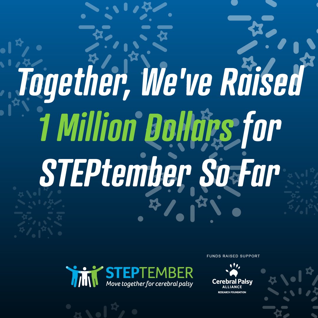 ResearchForCP's tweet photo. We did it! When we told you the match was on, you got to work and helped us hit $1 million raised for #STEPtemberUS so far! We met the match and we’re well on our way to reaching our $2.5 million goal and that’s because of YOU! (1/2) [ID in alt text] https://t.co/GeeDc7WAkd