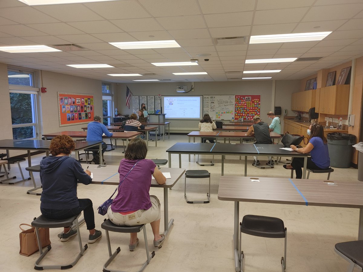 Parents showing off their art skills in Ms. Murphy's class during our Open House.