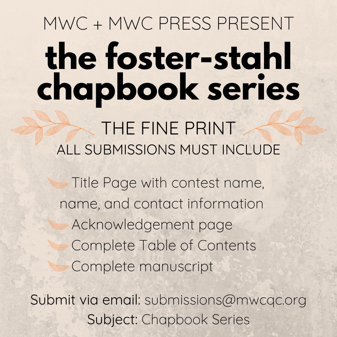 MWC_QC's tweet photo. The #FosterStahl #ChapbookContest is LIVE! 
Send us your best collections up to 30 pages! Details are in the images!
Contact us with questions and #WriteMoreLight with #MWCPress!

#mwc #mwcqc #midwestwritingcenter #dickstahl #maryfoster #writemore #writemorelightintoyourlife https://t.co/JxQ7FZ2XGm