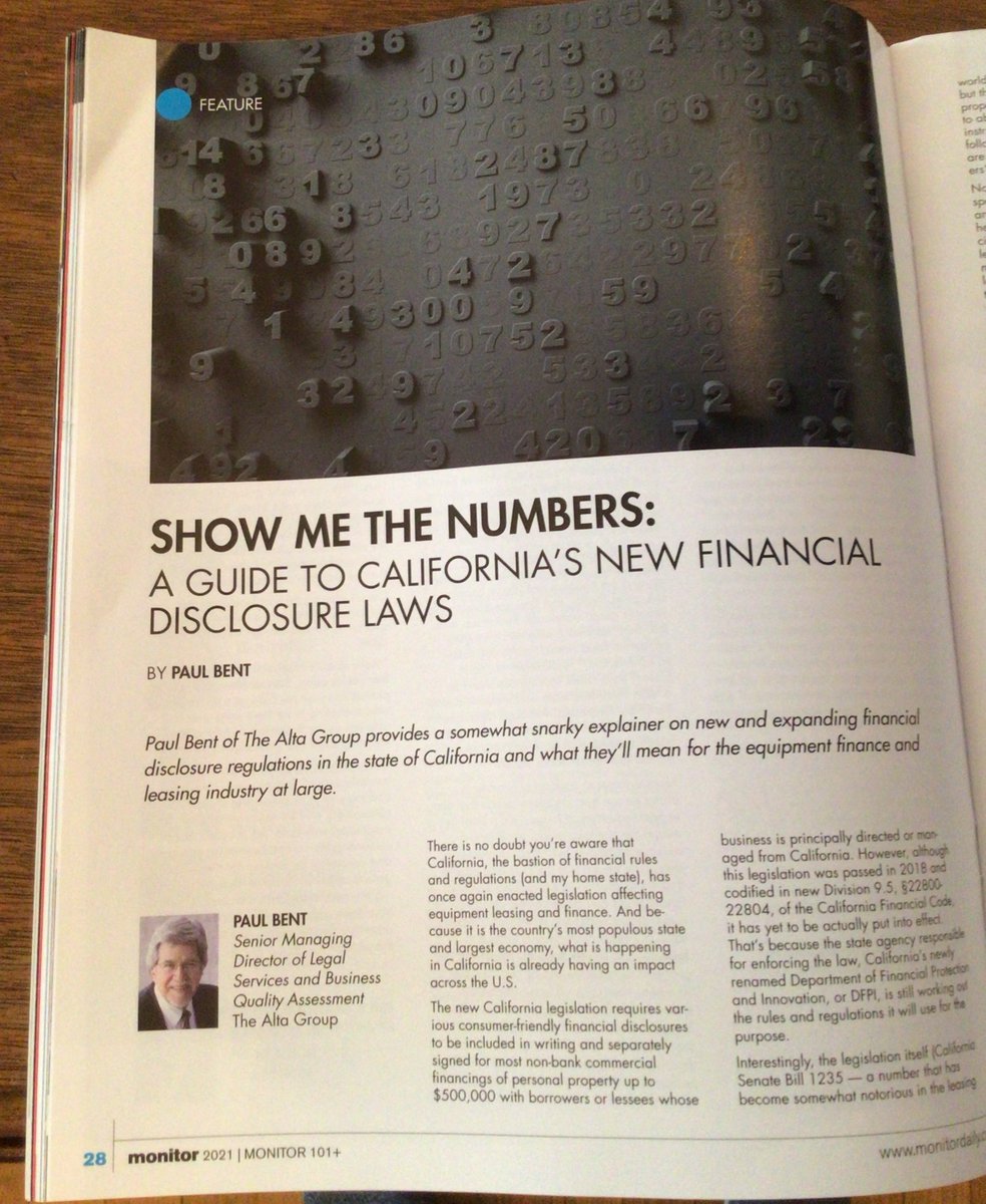 thealtagroupllc's tweet photo. The Monitor 101 print edition, just published, includes a timely feature on new #financial disclosure laws in various U.S. states, written by Paul Bent of The Alta Group. Read this article starting on page 28.
@monitordaily
#Monitor101
@pbent
#disclosurelaws https://t.co/hxiMXEppNC