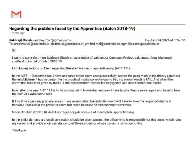 Real_Subhrajit's tweet photo. @mahanadicoal @LakhanpurArea @CoalMinistry @CoalIndiaHQ @PMOIndia @CMO_Odisha 
I want to know the establishment stands regarding the two year harassment of apprentice after completion of training period. 
I want a written statement. 
#StopPlayingWithStudentFuture https://t.co/IDaEGSmTM1