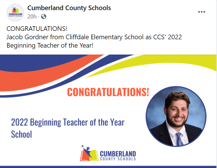 UNCPTeach's tweet photo. We are proud of one of our #BraveEducators. Jacob is a student in our Elementary MAT Program. Congratulations on this great accomplishment. https://t.co/k67wKgVtRL