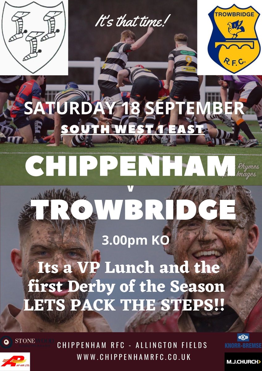 ChippenhamRFC's tweet photo. To the Folk of Chippenham
This Saturday we welcome @TrowbridgeRugby to Allington Fields in SW1E League 3.00pm KO
Prior to the match, our fantastic Vice-Presidents will be enjoying Lunch and then #FillTheSteps
Get yourself up & support #Brothers in Black & White https://t.co/bmnKkMc6tY