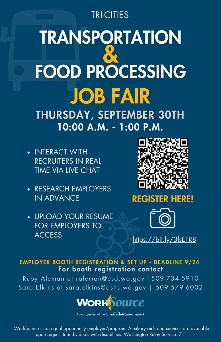 B_F_WDC's tweet photo. Attention Employers &amp; Job Seekers! WorkSource is hosting a job fair this month and the event is FREE!
Employers: Register by Emailing Sara Elkins at sara.elkins@dshs.wa.gov
Job Seekers: Register by clicking the link https://t.co/ojbcFQSHwj https://t.co/HFVW3oTCNd