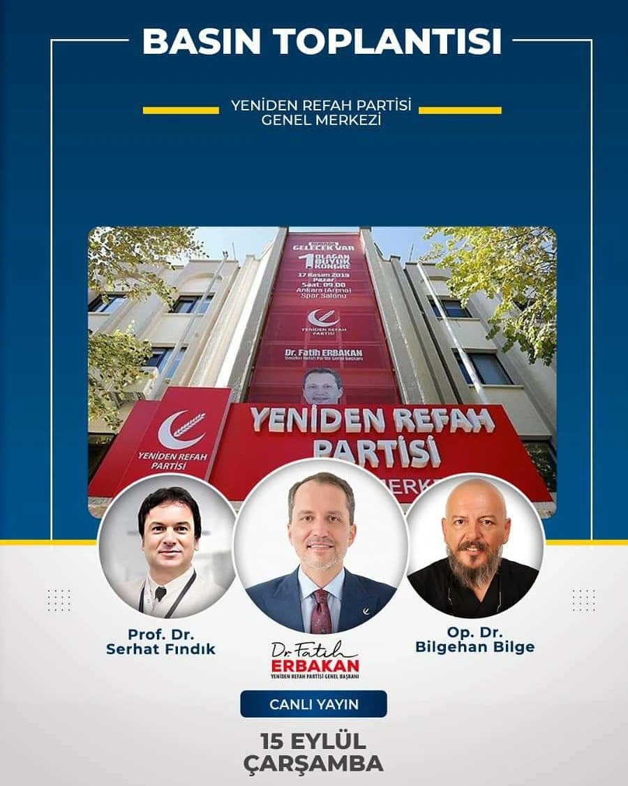 🟡BASIN TOPLANTISI

👤 Dr. Fatih Erbakan 
👤 Prof. Dr. Serhat Fındık <a href="/ProfSFindik/">ProfDrSerhatFINDIK</a>
👤 Op. Dr. Bilgehan Bilge <a href="/OpDrBilgehan/">Op.Dr.Bilgehan BİLGE</a>

🗓️ 15 EYLÜL ÇARŞAMBA 
🕓 16.00
HODRİ MEYDAN ERKEK SENİZ ÇIKIN KARŞIMIZA