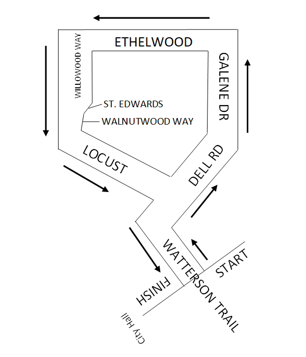 Don't forget, the Gaslight 5k is tonight.  Here is copy of the route and road road closures:
Watterson Trail at City Hall will be closed from 6:00 p.m. to 8:30 p.m.  Charlane Heights neighborhood will have periodic interruptions to allow runners/walkers to complete the course.