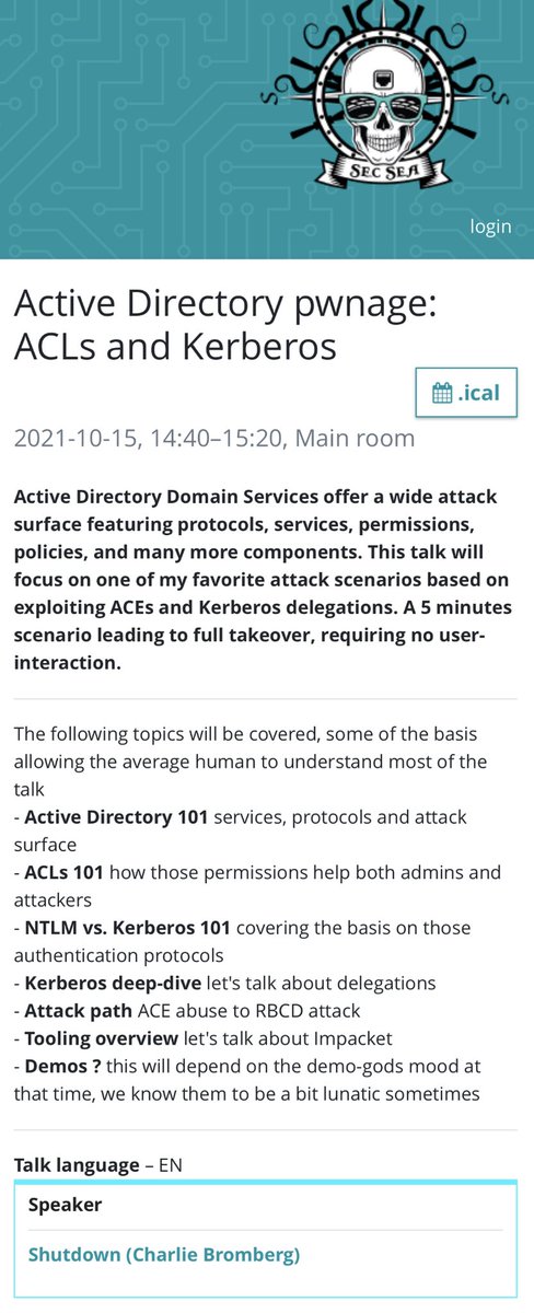 _nwodtuhs's tweet photo. My talk « Active Directory pwnage: ACLs &amp; Kerberos » was just confirmed!

See you October 15
La Ciotat ☀️ South of France 🇫🇷 
@SecSeaConf 🏴‍☠️

https://t.co/gQVKlvFaqg (what an awesome UI 👏 ) https://t.co/tqvyC5zGOi