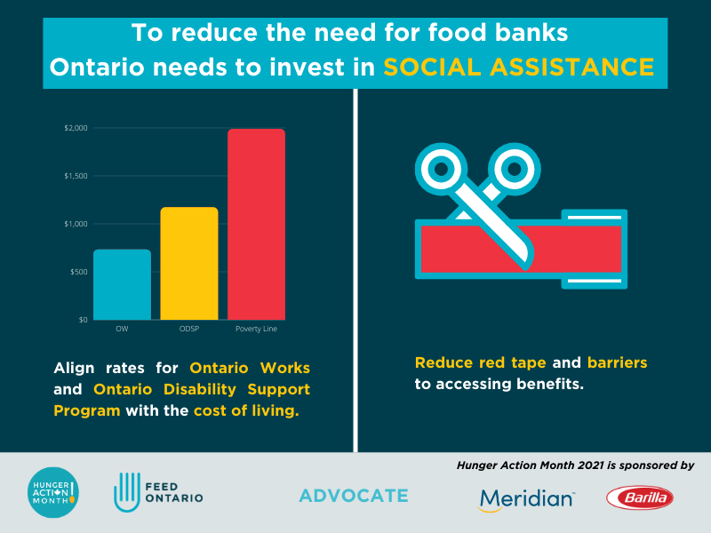 Social assistance programs are inadequate.

To reduce poverty and hunger, Ontario needs to increase OW &amp; ODSP rates and remove barriers to moving out of poverty.

#AdvocateWeek #HungerActionMonth