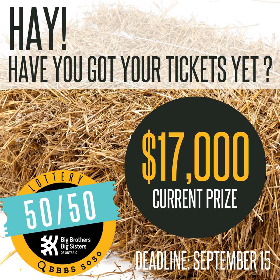 Pssssst.. #DYK --> IT’S HAPPENING TOMORROW NIGHT!! It’s the #GRANDPRIZE DRAW  9:00pm. The more tickets sold the bigger the bale of hay! biggertogether5050.com
#WinBIG #GiveBIG supporting Big Brothers Big Sisters!
#BiggerTogether5050 #IgnitePotential #charityraffle #BBBSMonth