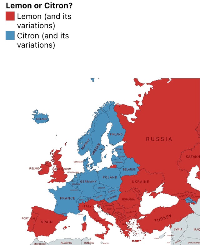 Variations of lemon or citron in Europe