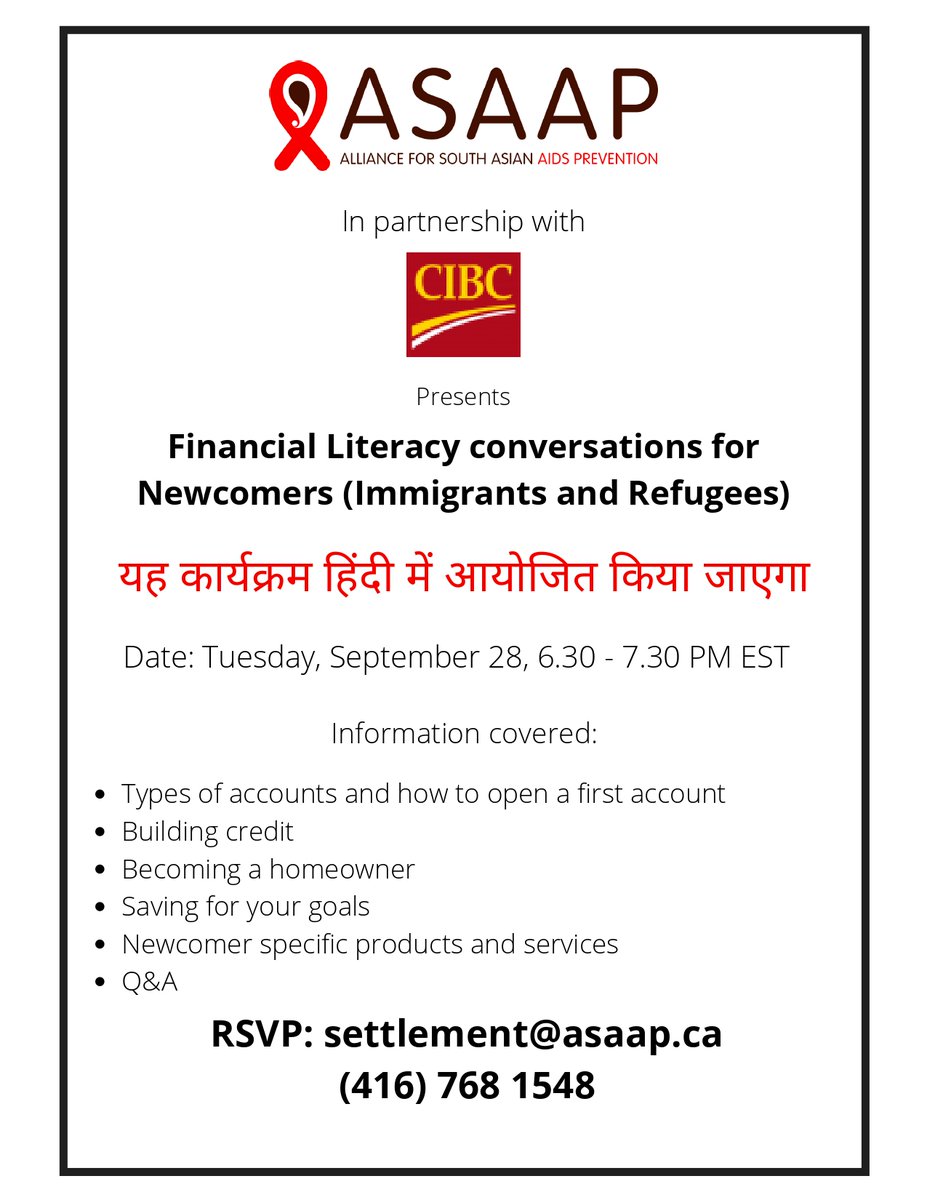 ASAAP's tweet photo. ASAAP in partnership with CIBC presents Financial Literacy conversations for Newcomers (हिंदी में)
Date: Tuesday, August 24, 6 - 7 PM EST
RSVP: settlement@asaap.ca
(416) 768 1548
#ASAAP #IRCC #CIBC #Canada #Newcomers #Toronto #financialliteracy #webinar #online #2021 https://t.co/IQ6T9ilqoG