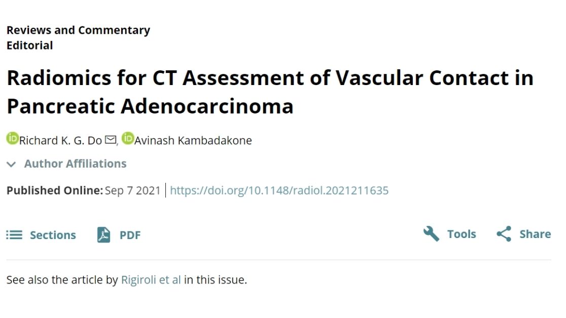 How can we use radiomics for CT assessment of vascular contact in pancreatic adenocarcinoma? Check out this targeted editorial by <a href="/DrRichardDo/">Richard K.G. Do</a> and Dr. Kambadakone. bit.ly/3A4RyW4 @sloan_kettering