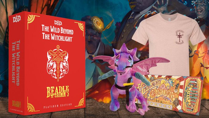 Image shows a sampling of what is included in the special editions of Beadle and Grimm's Wild Beyond the Witchlight. Displayed is a game box, tshirt, Carnival ticket and dragon plushie. 