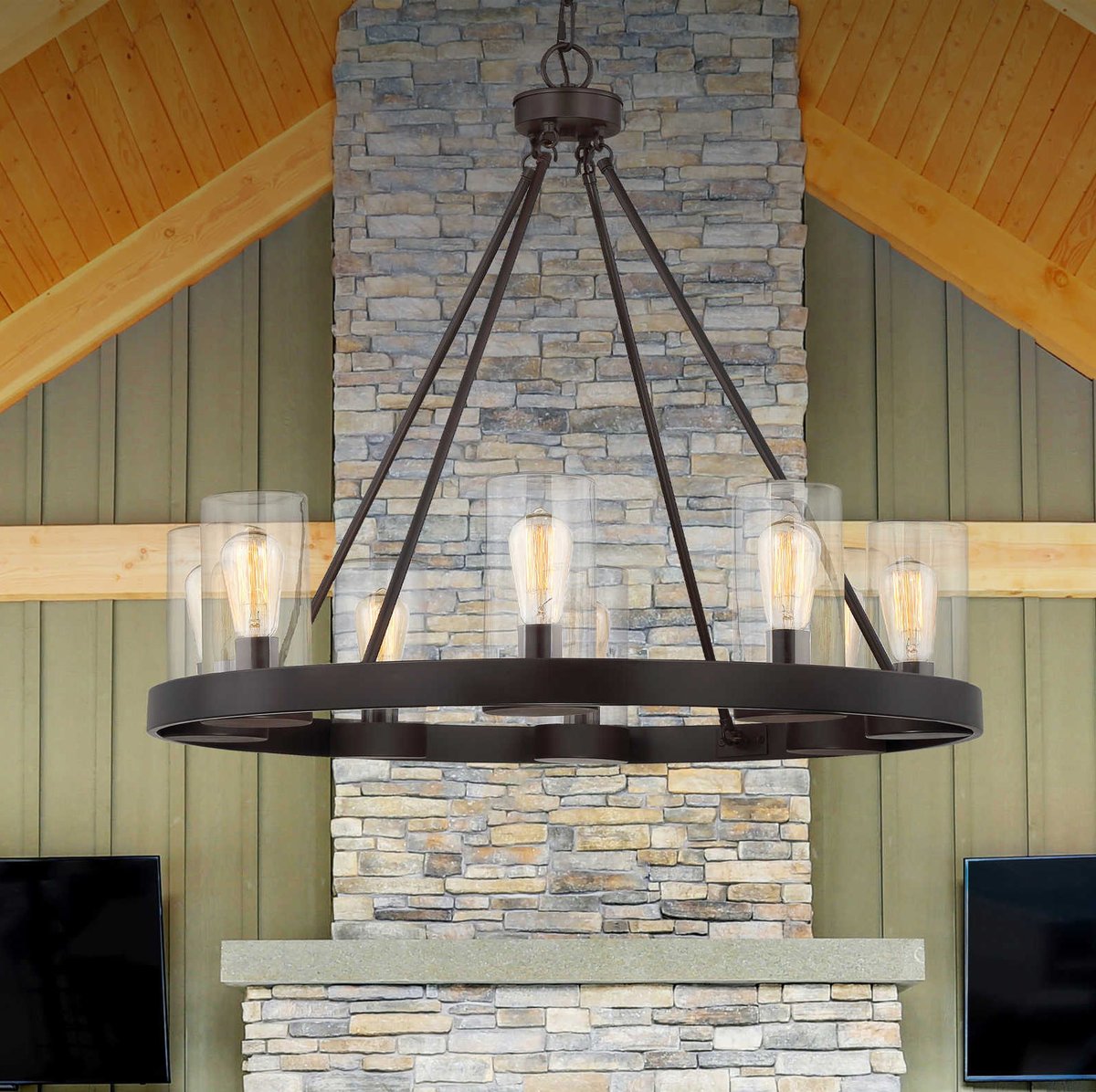 PatioLiving_com's tweet photo. Outdoor living spaces deserve stylish lighting too! The lights on this Inman Chandelier are on full display, but protected by clear cylindrical shades, and offset with an English bronze finish. https://t.co/ea5uywjrZx https://t.co/kRSPiS1WSG