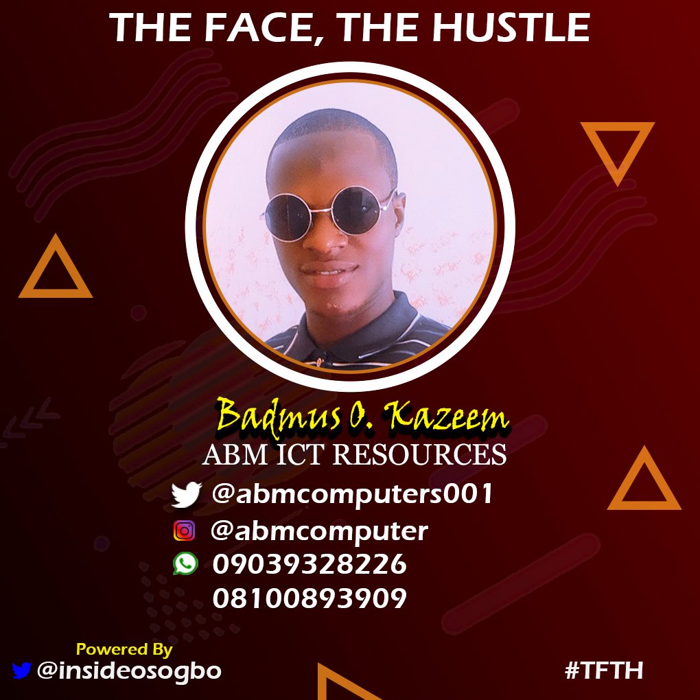 InsideOsogbo's tweet photo. THE FACE, THE HUSTLE

On this week's edition of #TFTH, we present to you Badmus O. Kazeem of @abmcomputers001- the home of quality &amp; affordable computers (Laptops &amp; Desktops), iPhones, Phone Accessories etc. @abmcomputers001 also offers repair services.

1/3

#TFTH
#InsideOsogbo https://t.co/p3mV1voxsZ