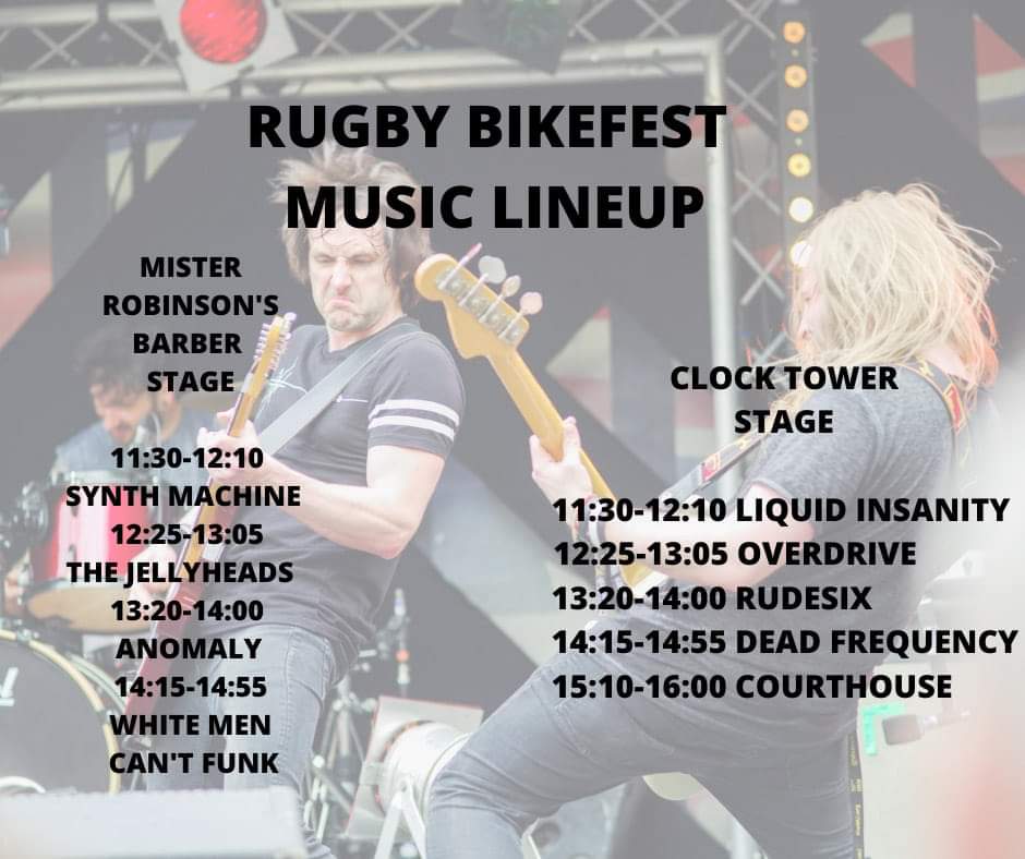 🚨Festival Announcement🚨

We can confirm that we will be playing the Clock Tower stage at this years Rugby BikeFest. 🏍 <a href="/rugbyfirstltd/">Think Rugby First</a>

This will be our first show in Rugby since 2017. 

Stage times below. ⬇️

We can't wait to see you all again. 🥳

DF 

#rugbybikefest #ukband