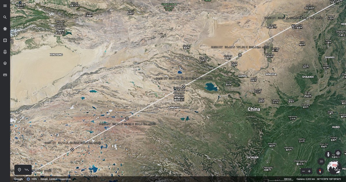 whiztech's tweet photo. @Cosmic_Penguin Position of Tianhe in JSatTrak is at 11:30 AM UTC+8 = 03:30 UTC

The time doesn't match the window but the track kinda matches I guess? https://t.co/7oUGIUkZJT