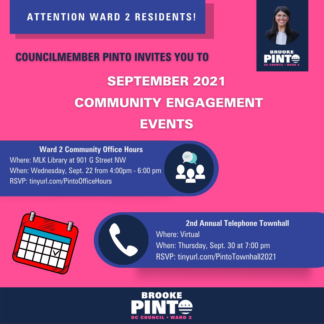 CMBrookePinto's tweet photo. 🚨I'm excited to announce two more #TeamPinto September community engagement events:
1️⃣Community Office Hours at the MLK Library, 9/22 from 4-6pm
RSVP: https://t.co/7Le2KBWbR6
2️⃣ 2nd Annual Telephone Townhall, 9/30 at 7pm
RSVP: https://t.co/r1eJUElkvK
Please join me! https://t.co/Nah3Xn6xPZ